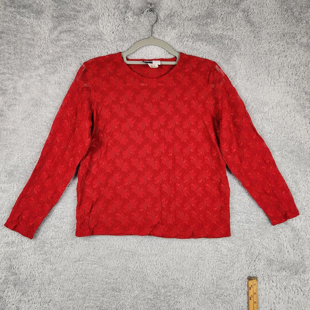Vintage Beldoch Popper Blouse Womens Large Red Lace Sheer Long Sleeve Boxy Top